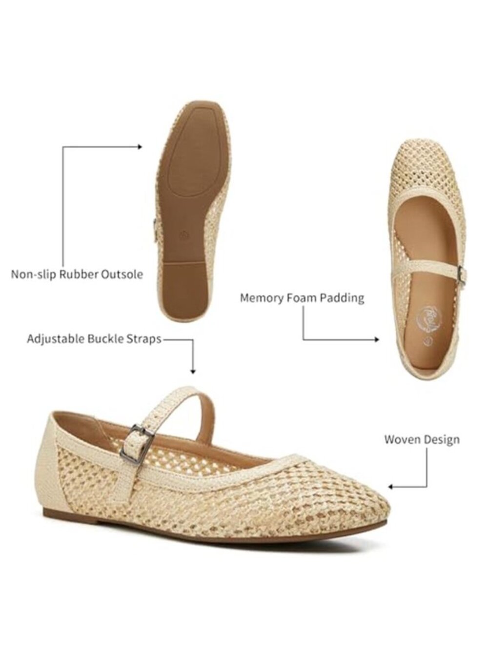 Trary Mary Jane Shoes Women Woven Flats for Women Dressy Ballet Flats Squared - Picture 6 of 7